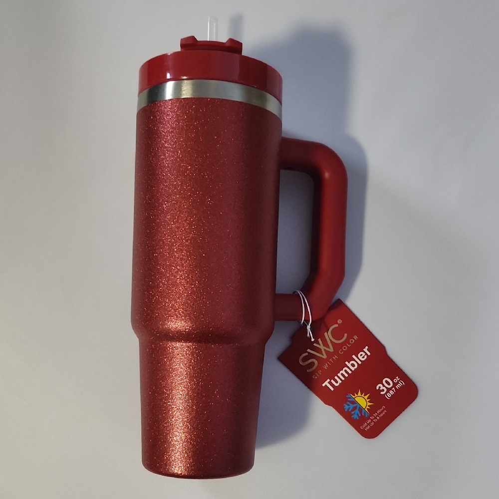 SWC Red Glitter Travel 30 Oz Tumbler with Handle